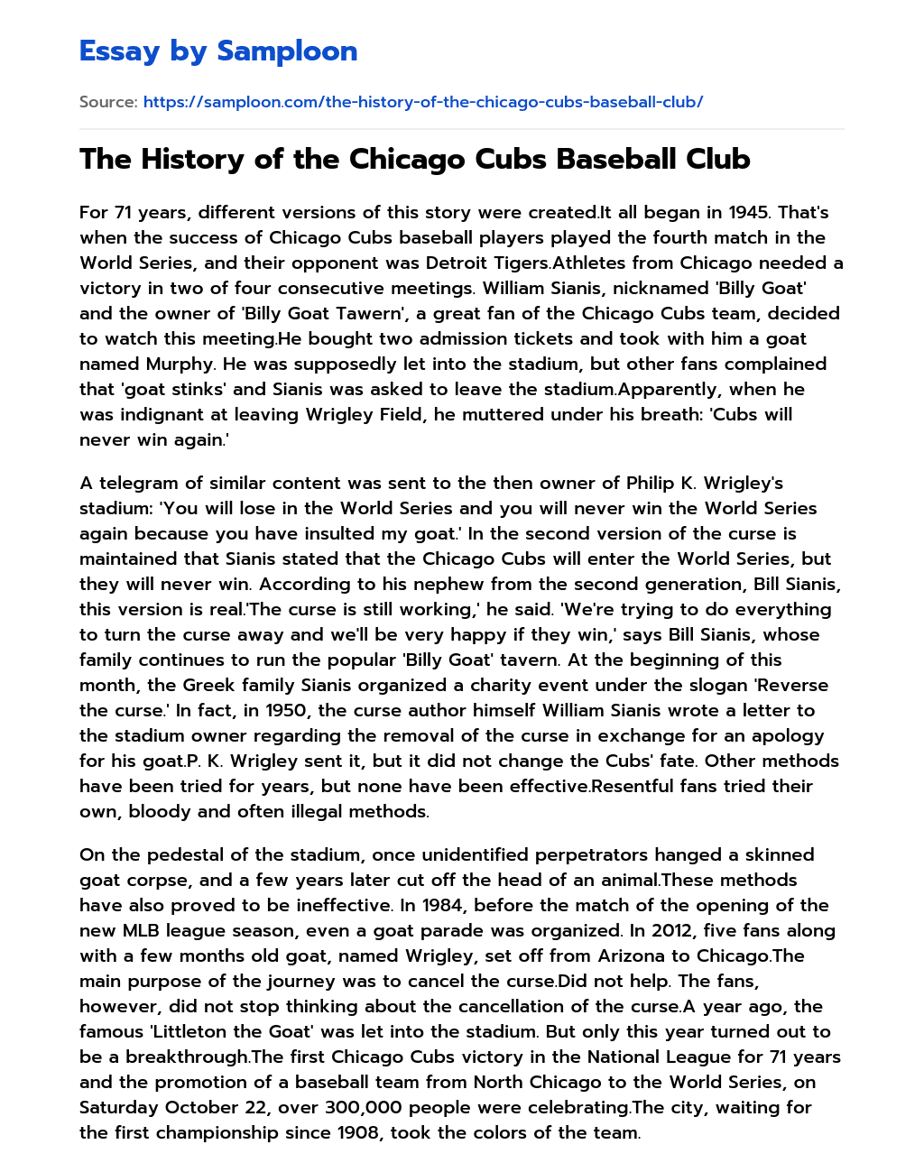 The History of the Chicago Cubs Baseball Club essay