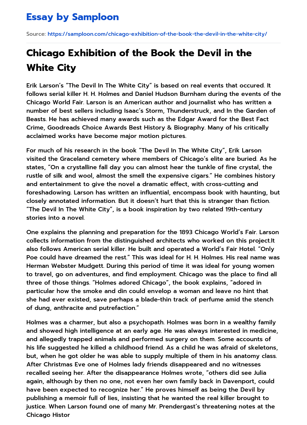 Chicago Exhibition of the Book the Devil in the White City essay