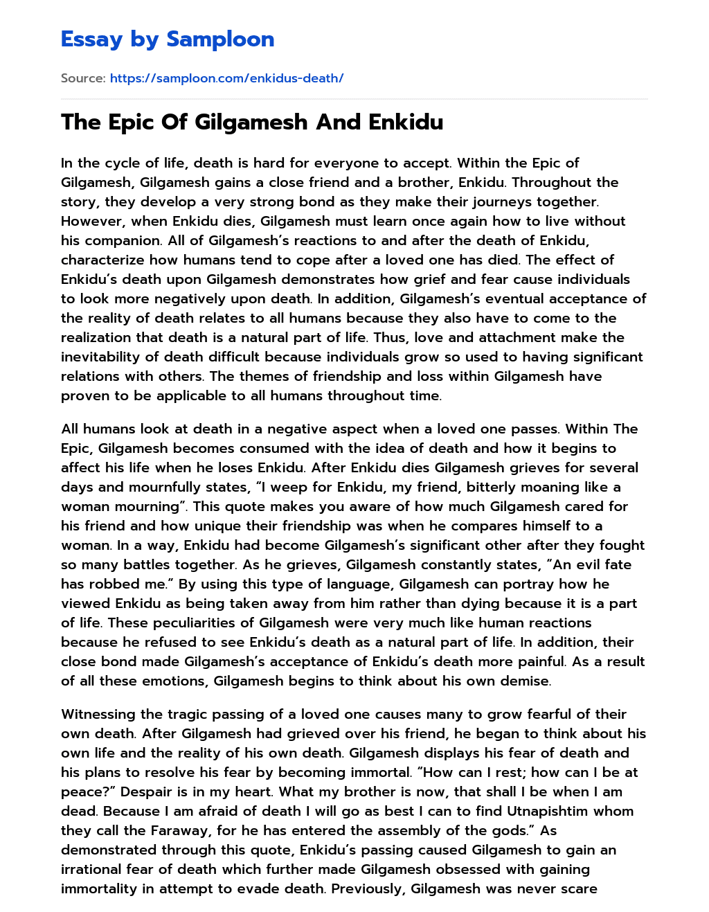 The Epic Of Gilgamesh And Enkidu essay
