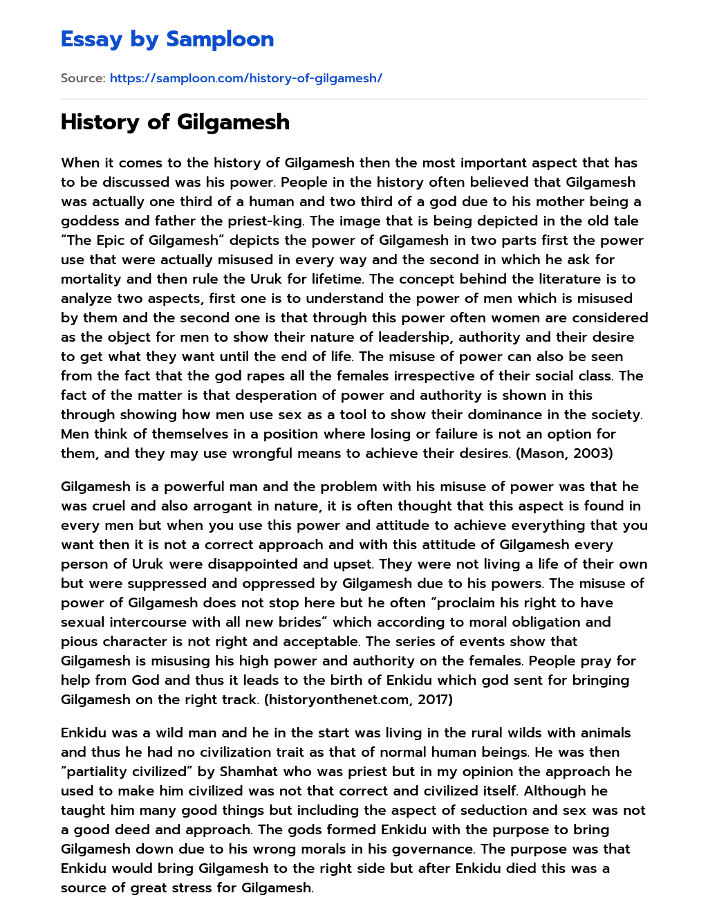 History of Gilgamesh essay