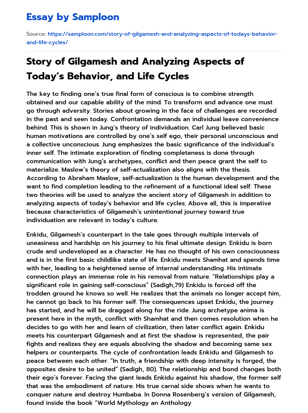 Story of Gilgamesh and Analyzing Aspects of Today’s Behavior, and Life Cycles essay