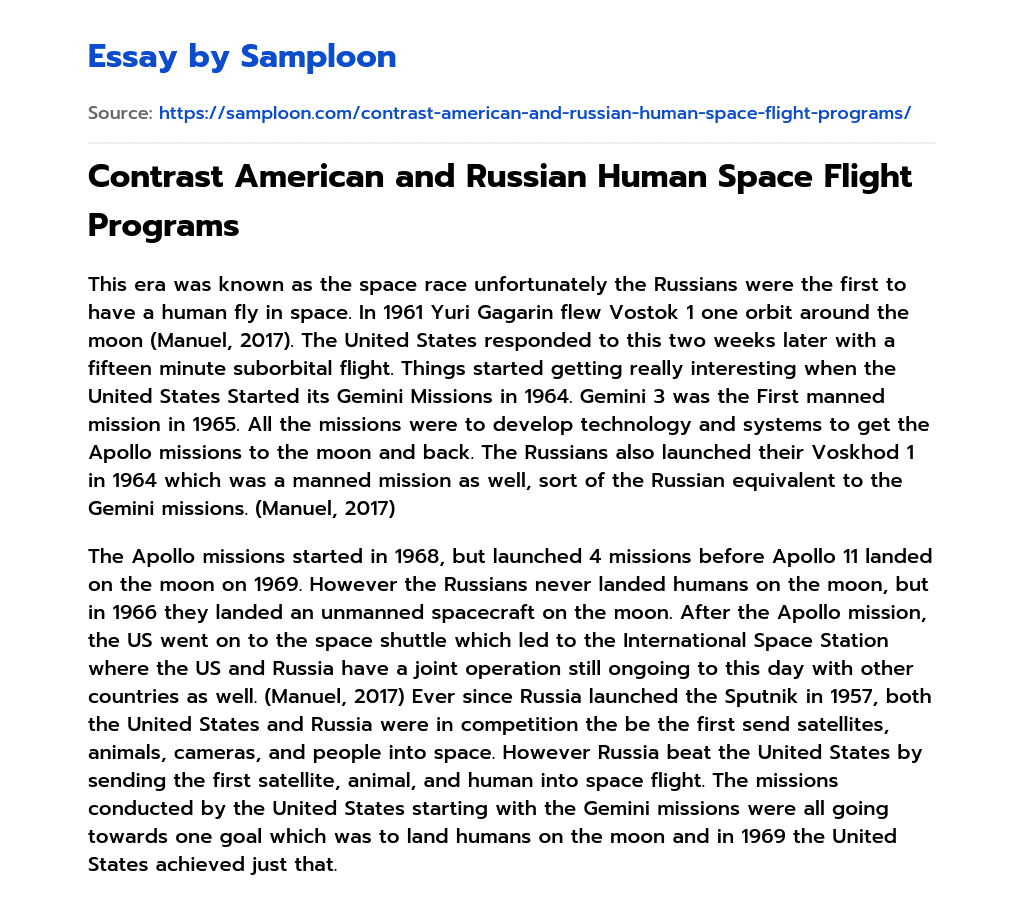 Contrast American and Russian Human Space Flight Programs essay