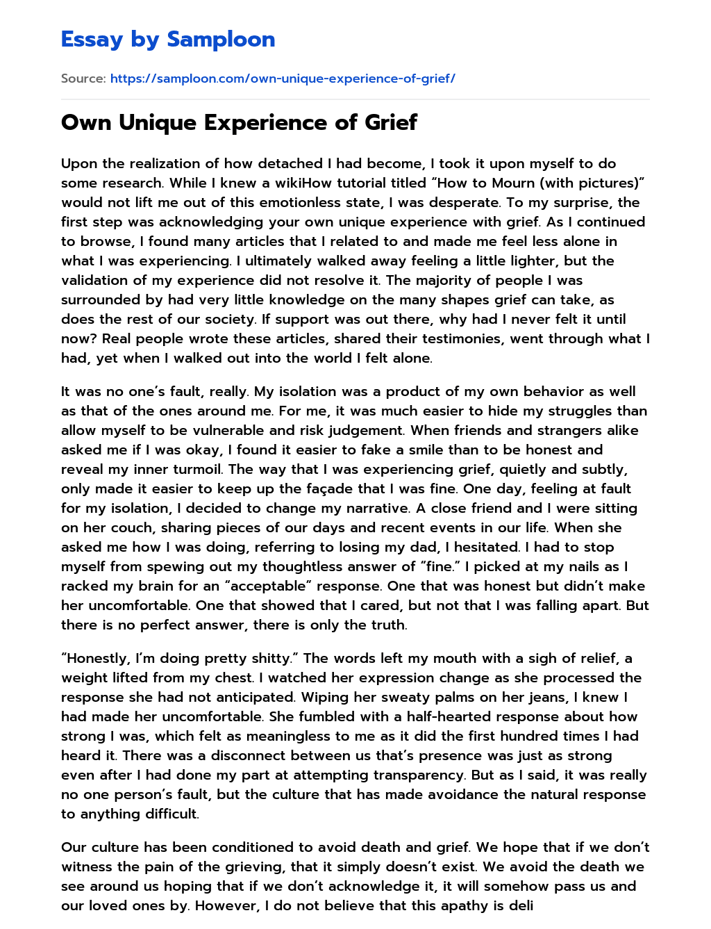 Own Unique Experience of Grief essay