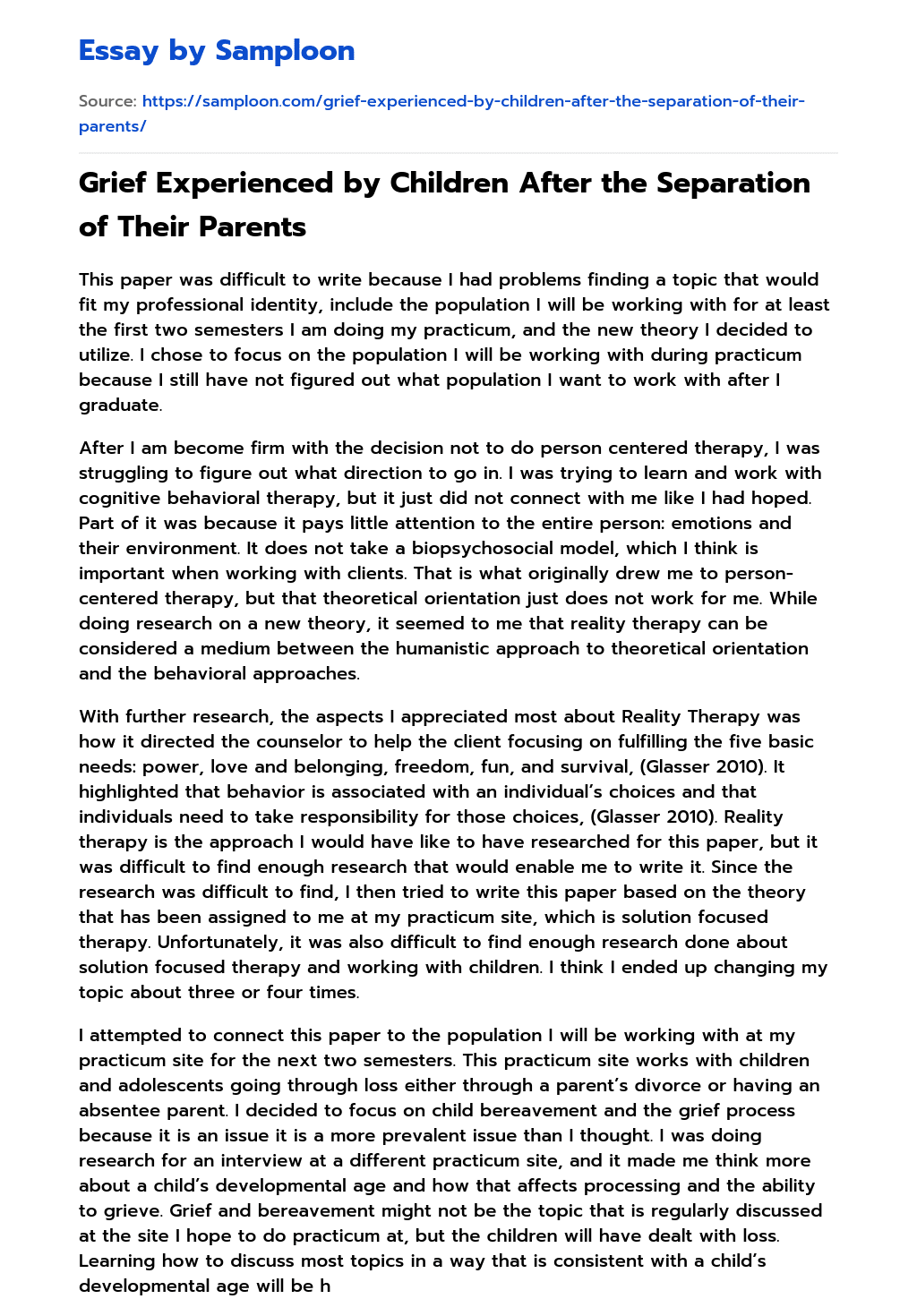 Grief Experienced by Children After the Separation of Their Parents essay
