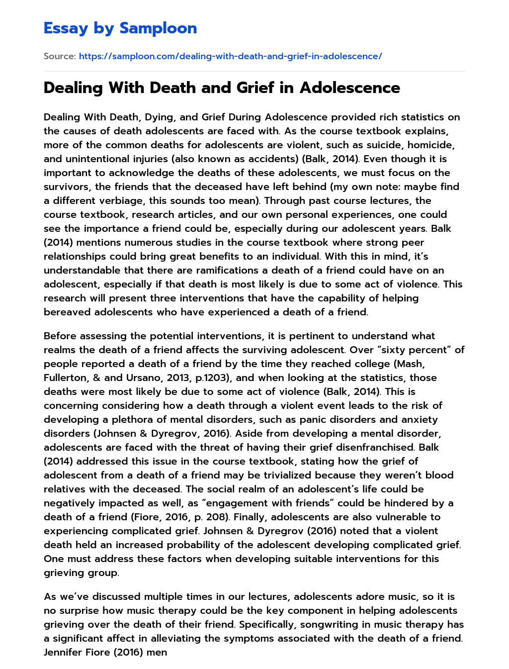 Dealing With Death and Grief in Adolescence essay