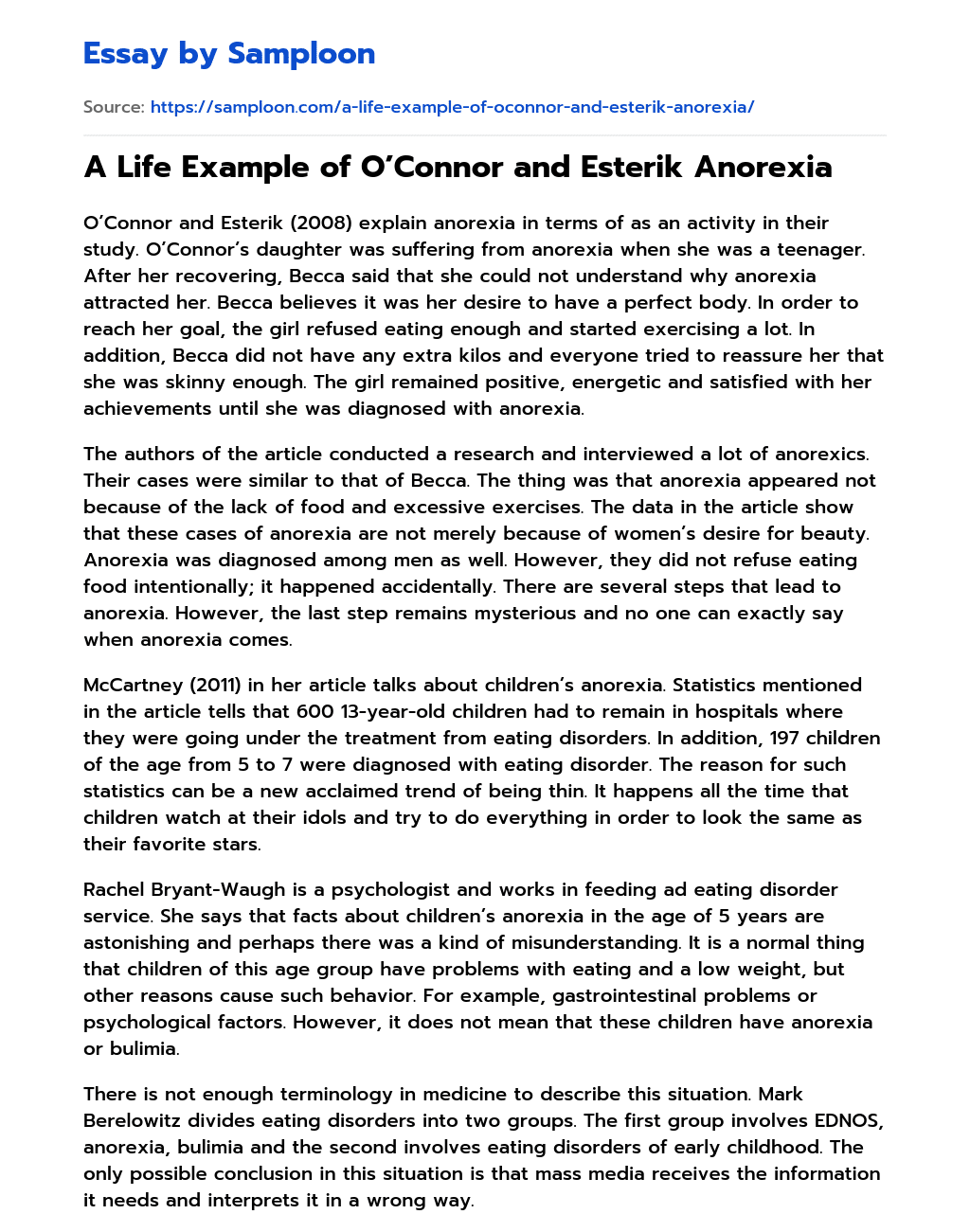 A Life Example of O’Connor and Esterik Anorexia essay
