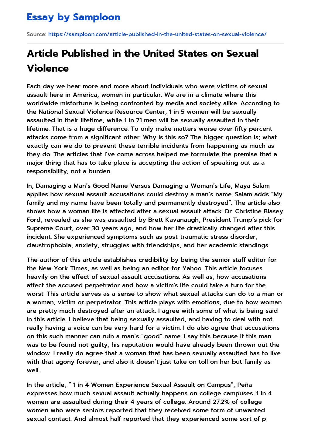Article Published in the United States on Sexual Violence essay
