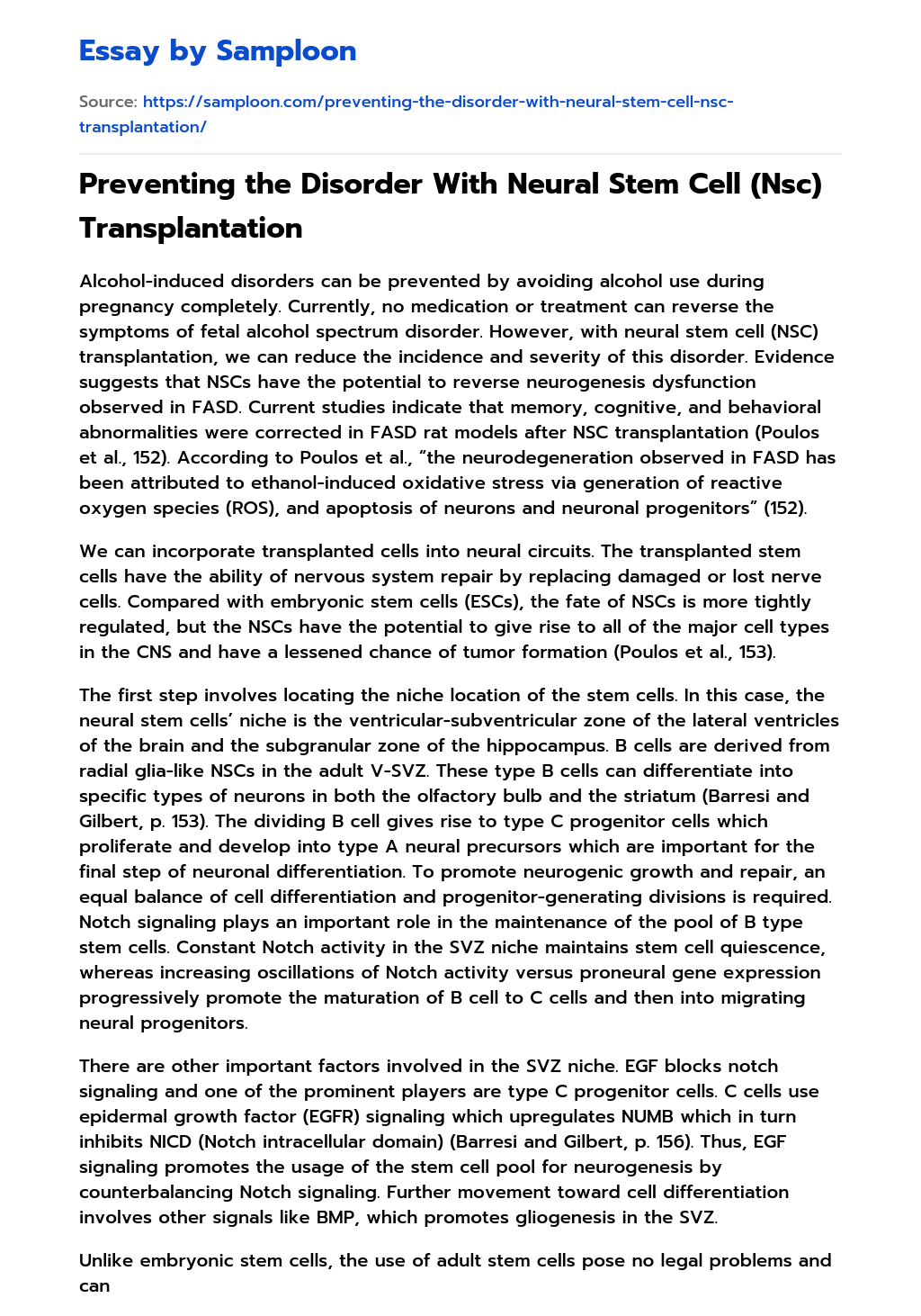 Preventing the Disorder With Neural Stem Cell (Nsc) Transplantation essay