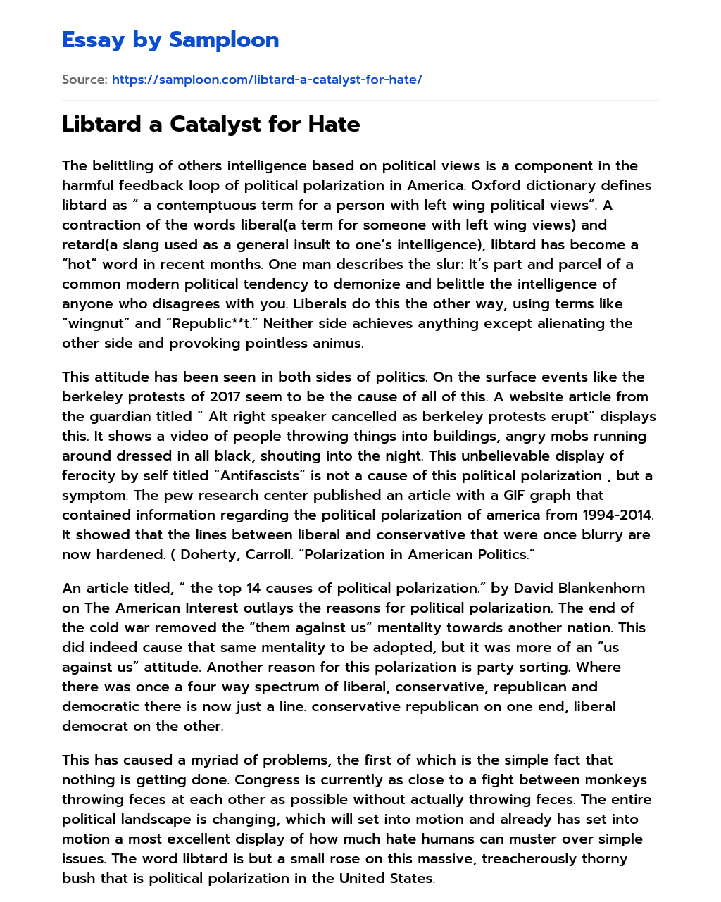 Libtard a Catalyst for Hate essay