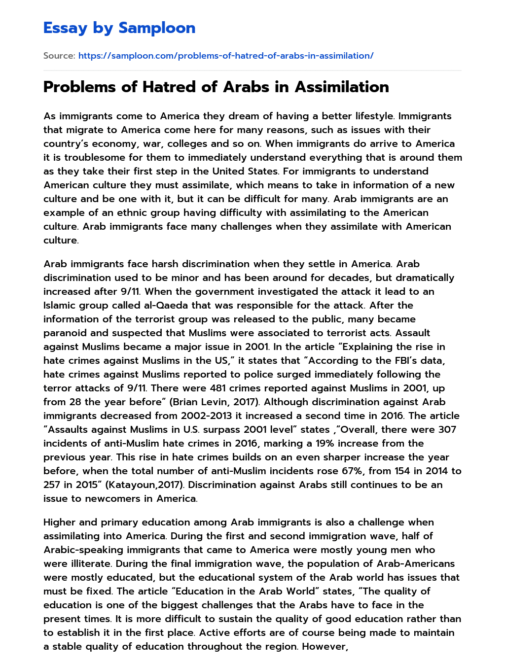 Problems of Hatred of Arabs in Assimilation essay