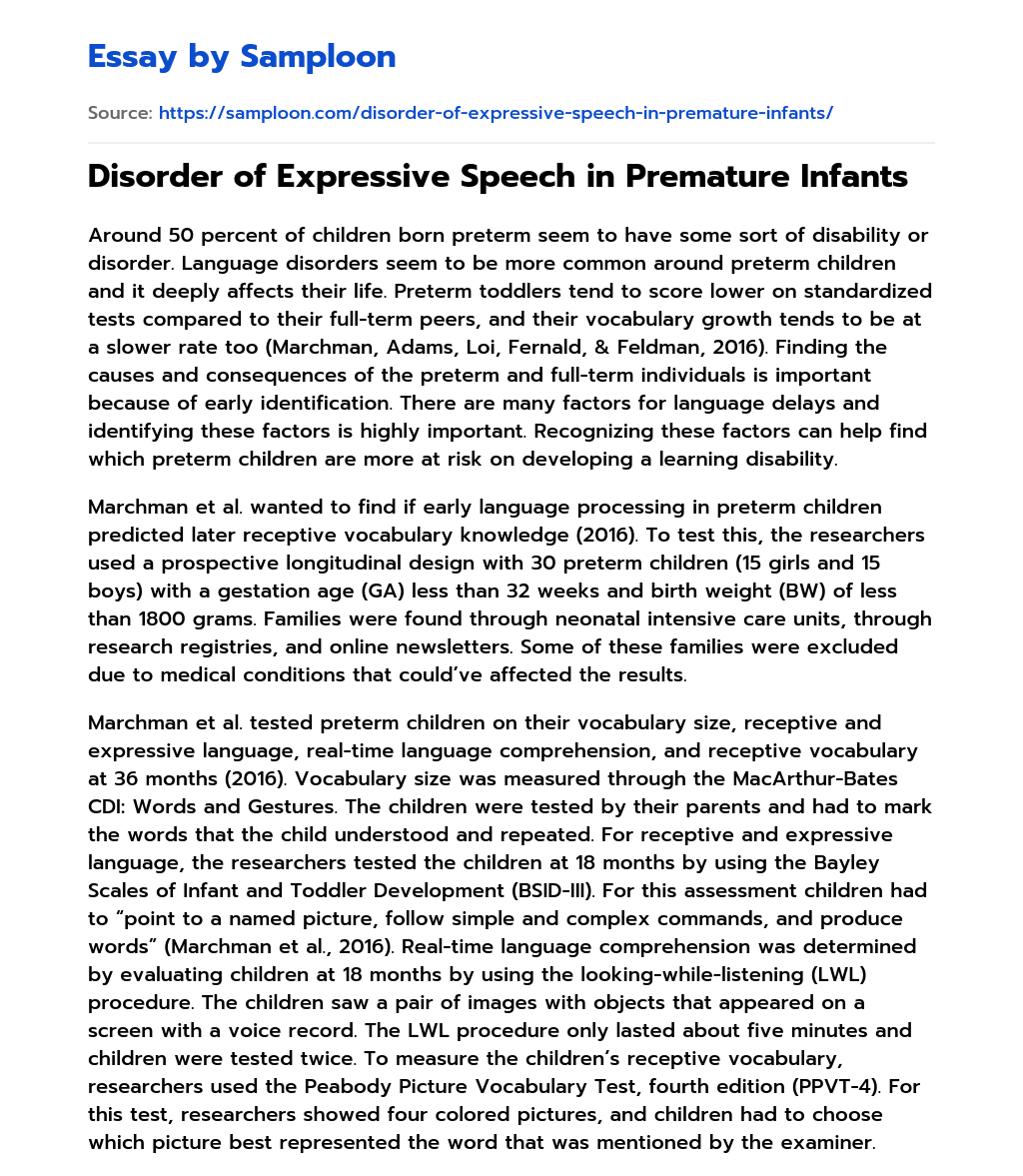 Disorder of Expressive Speech in Premature Infants essay