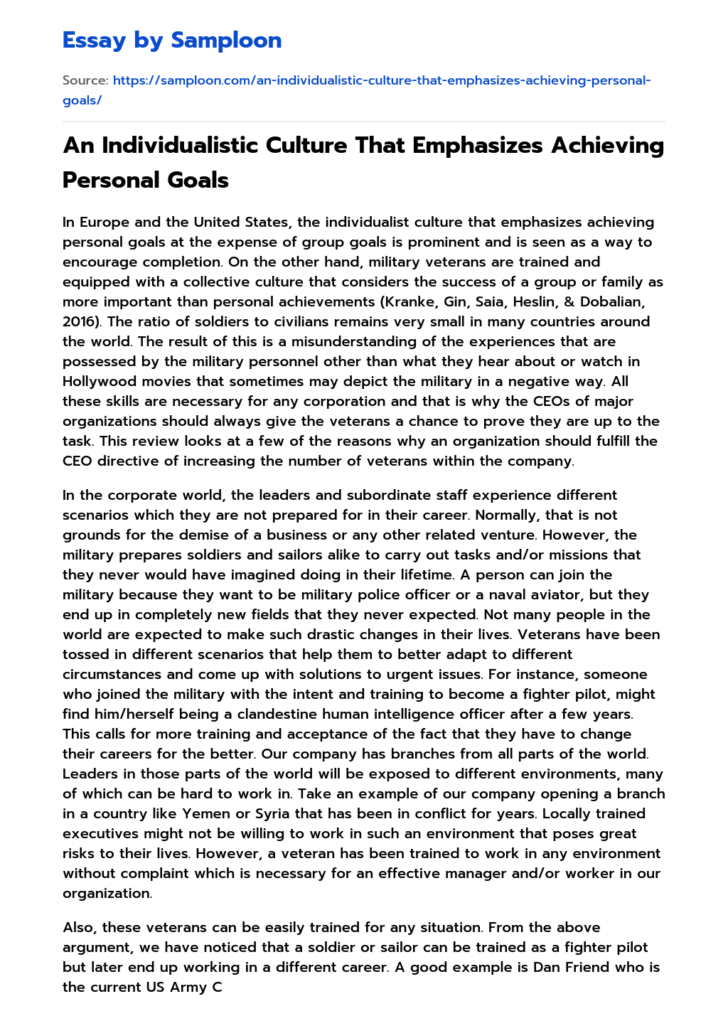 An Individualistic Culture That Emphasizes Achieving Personal Goals essay