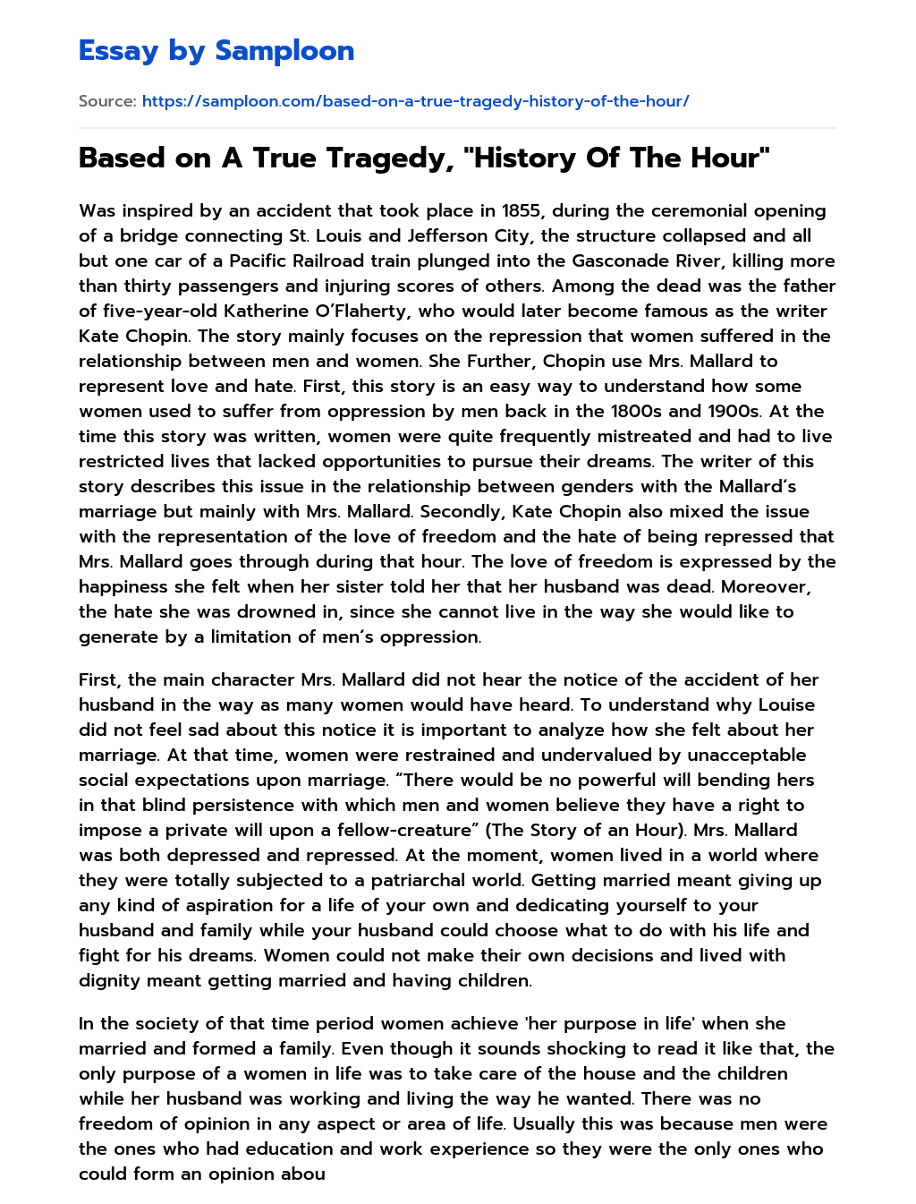 Based on A True Tragedy, “History Of The Hour” essay