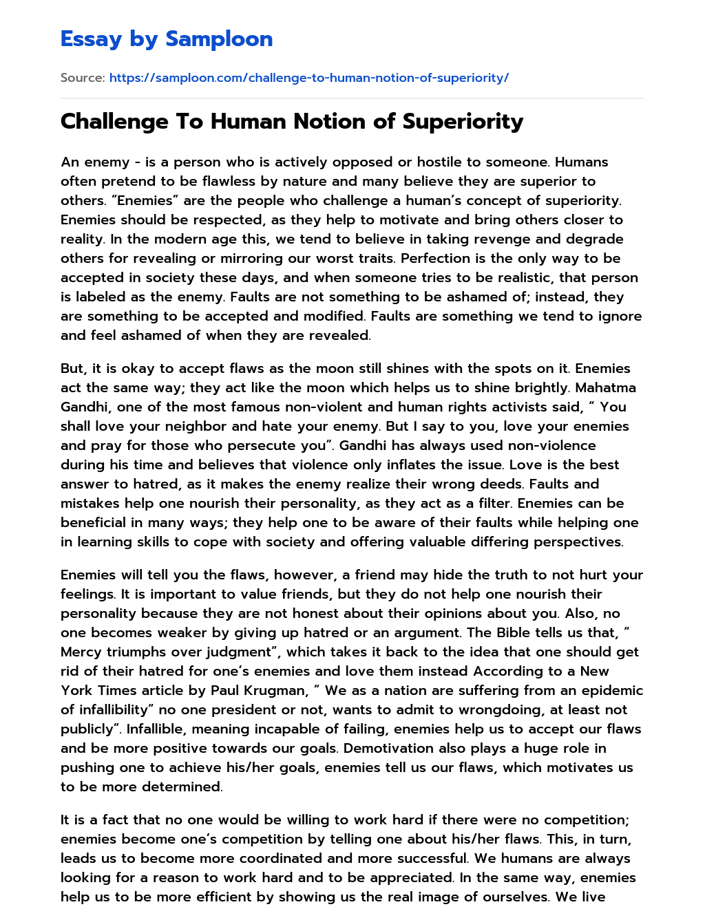 Challenge To Human Notion of Superiority essay