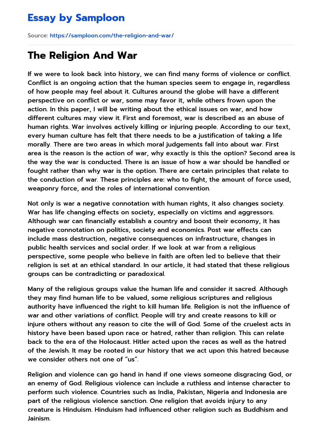 The Religion And War essay