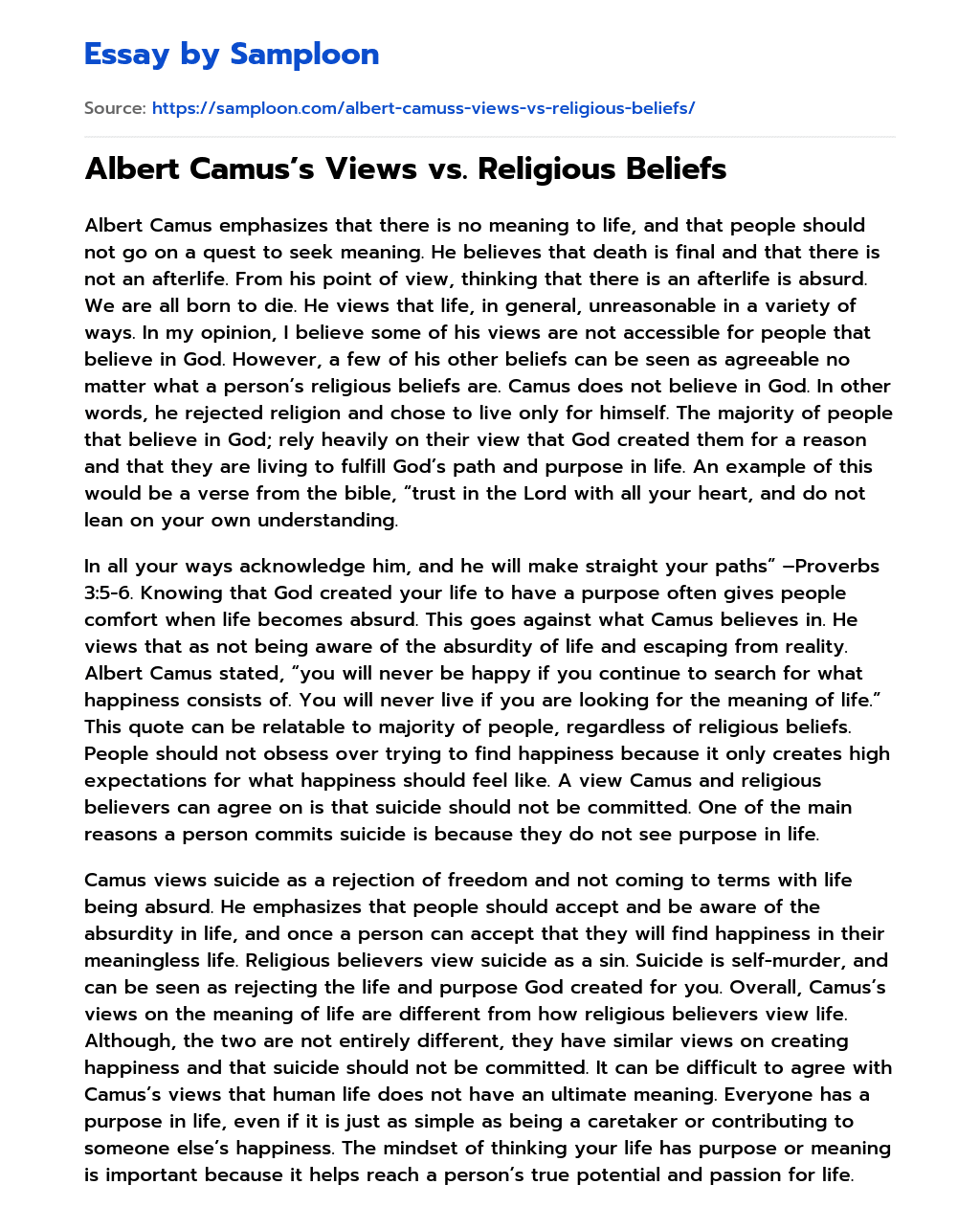 Albert Camus’s Views vs. Religious Beliefs essay