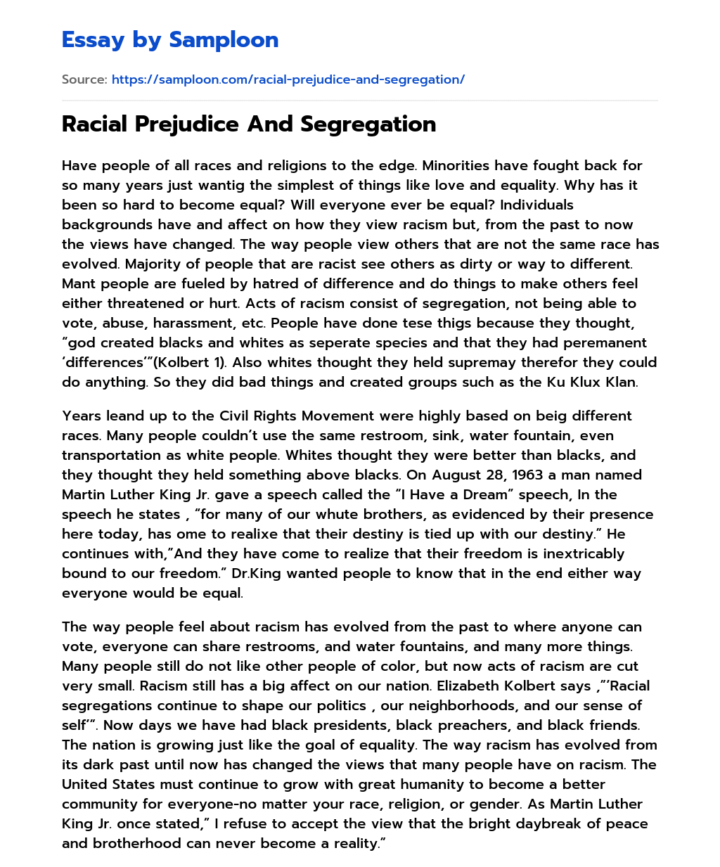 Racial Prejudice And Segregation essay