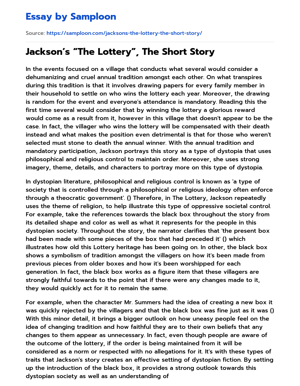 Jackson’s “The Lottery”, The Short Story essay