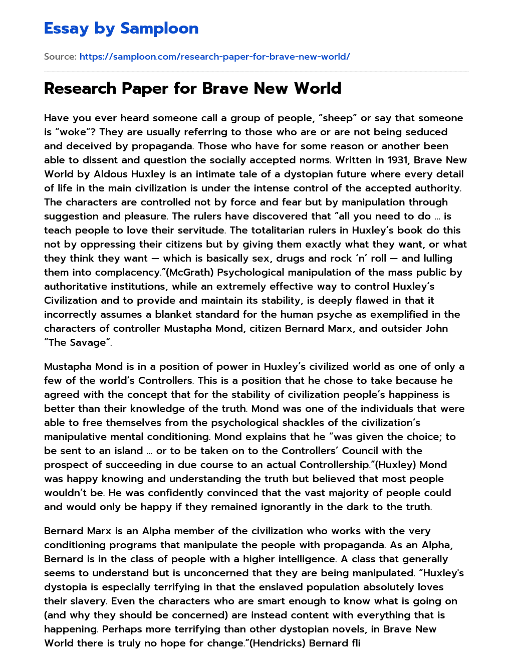 Research Paper for Brave New World essay