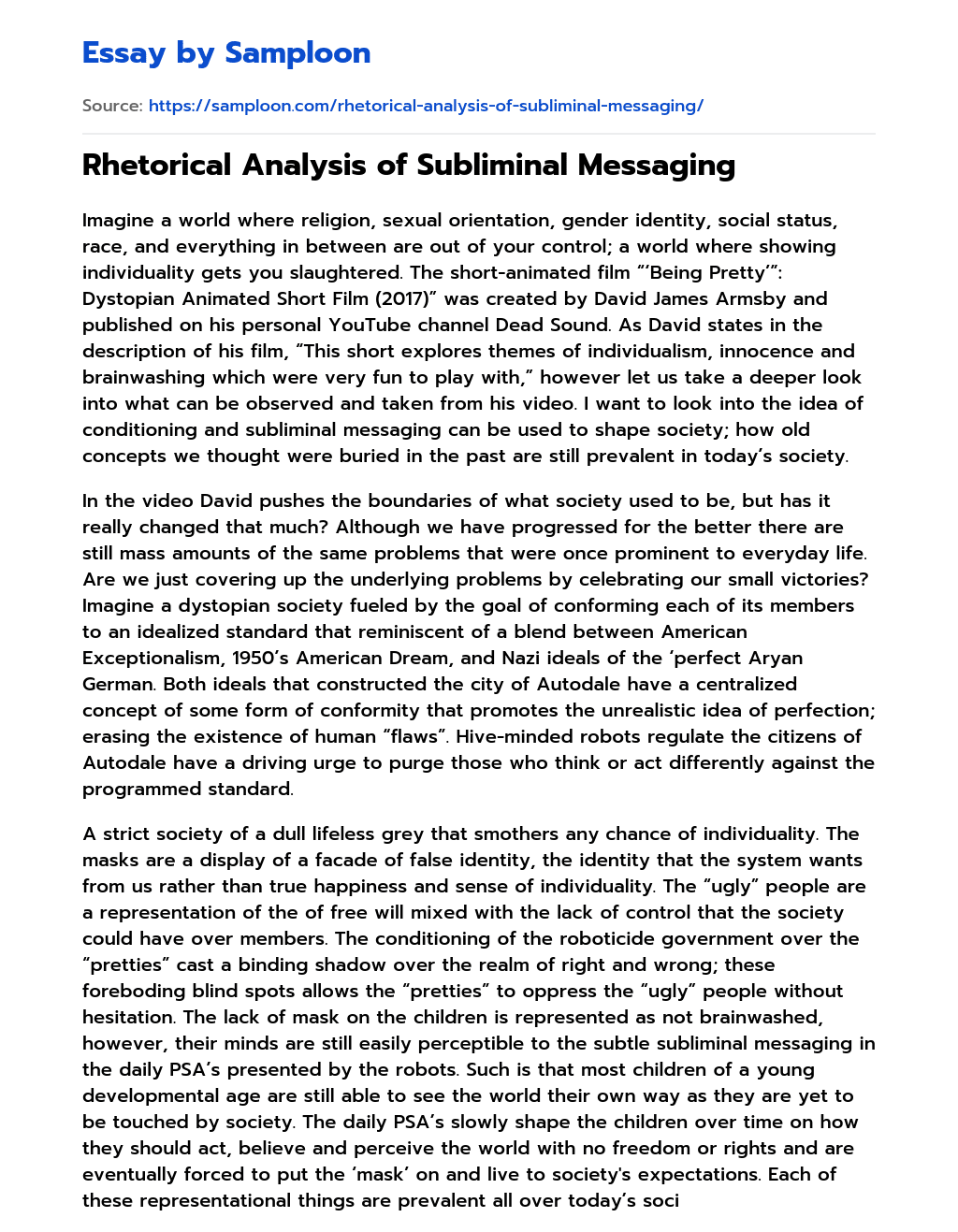 Rhetorical Analysis of Subliminal Messaging essay