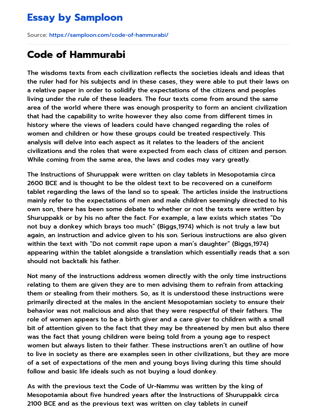 Code of Hammurabi essay