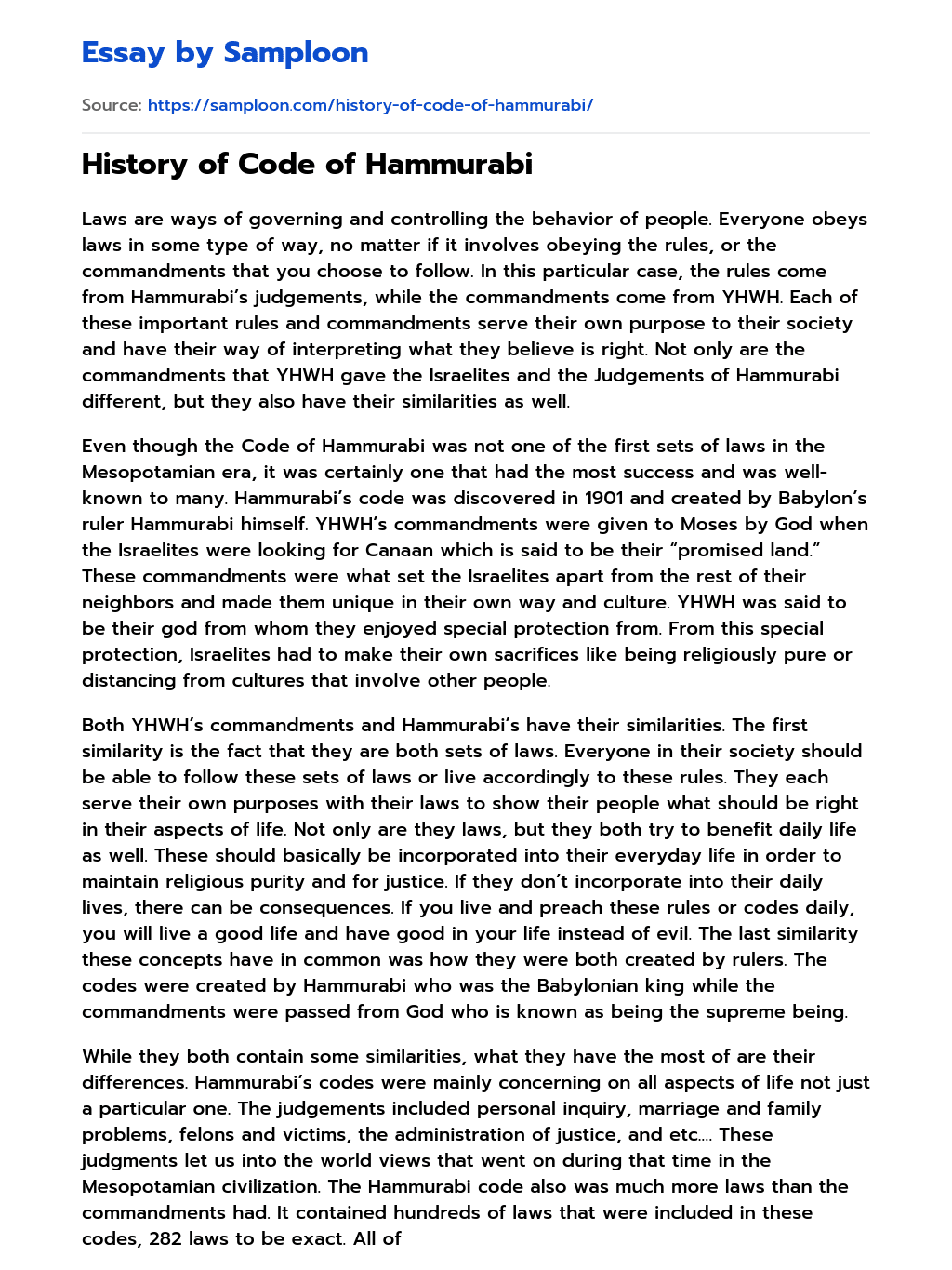 History of Code of Hammurabi essay