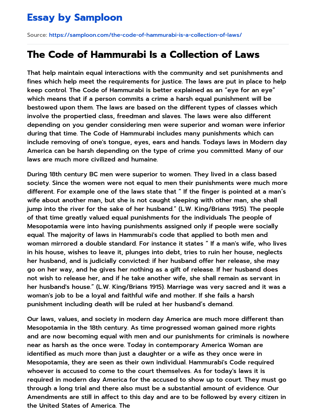 The Code of Hammurabi Is a Collection of Laws essay