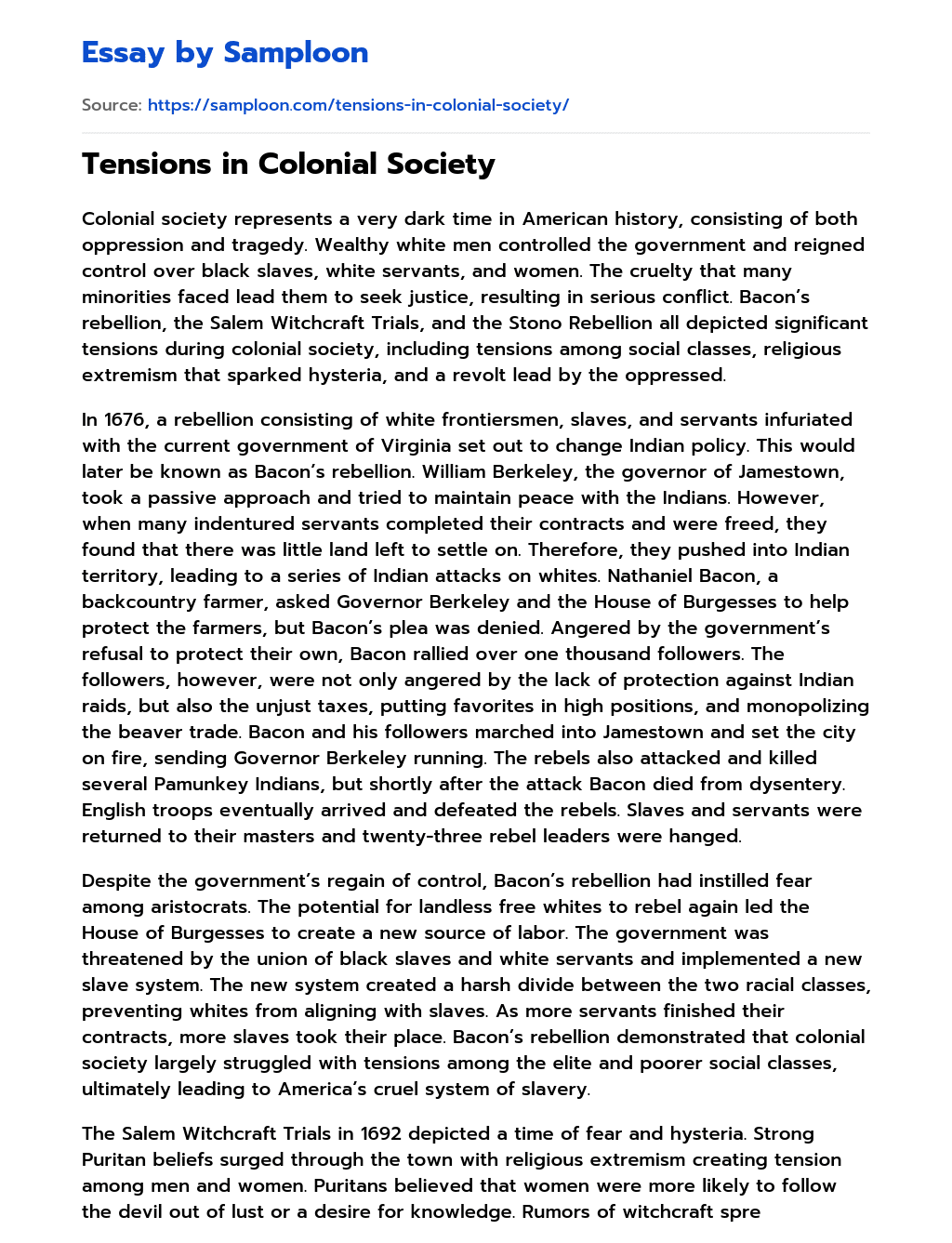 Tensions in Colonial Society essay
