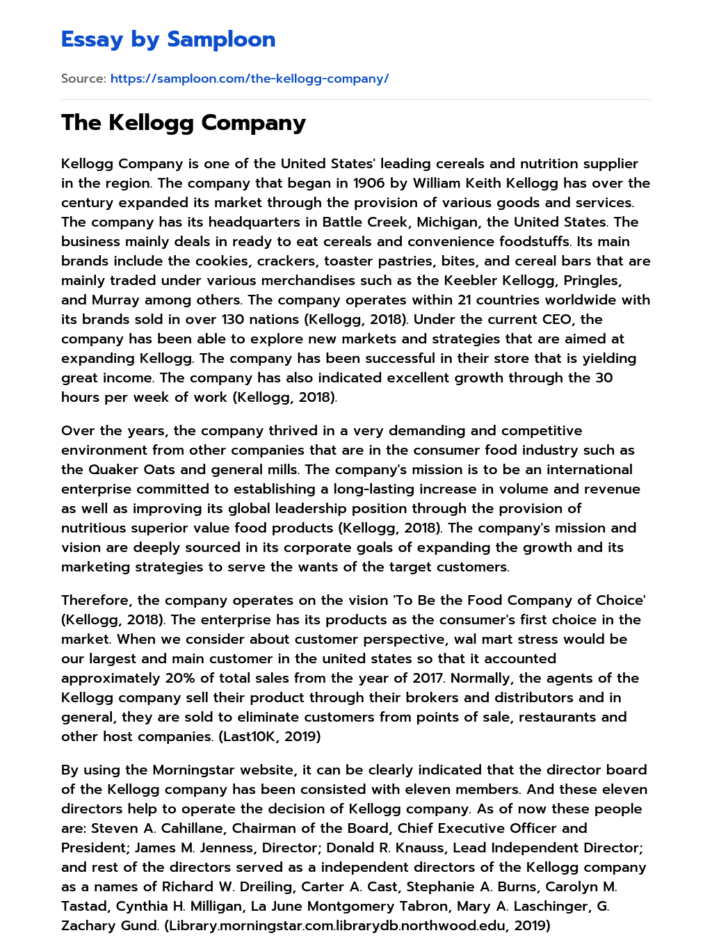 The Kellogg Company essay