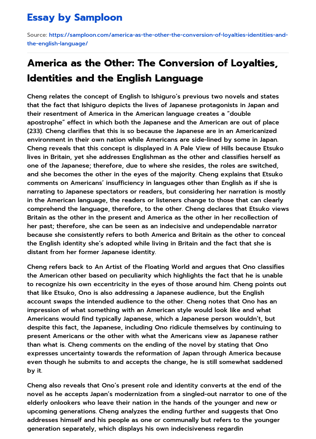 America as the Other: The Conversion of Loyalties, Identities and the English Language essay