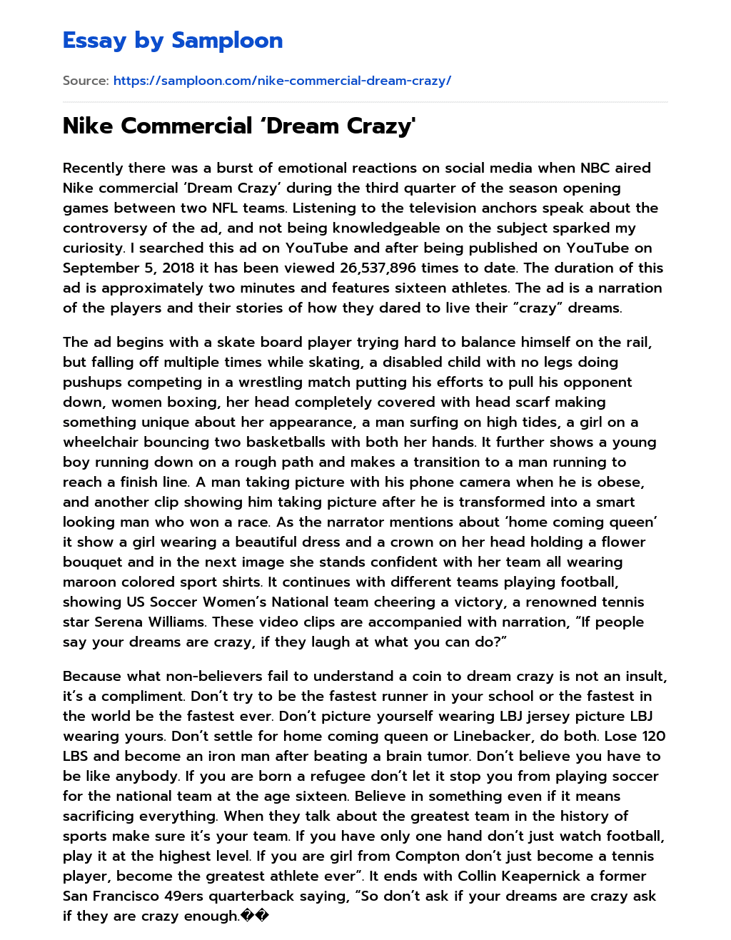 Nike Commercial ‘Dream Crazy’ essay