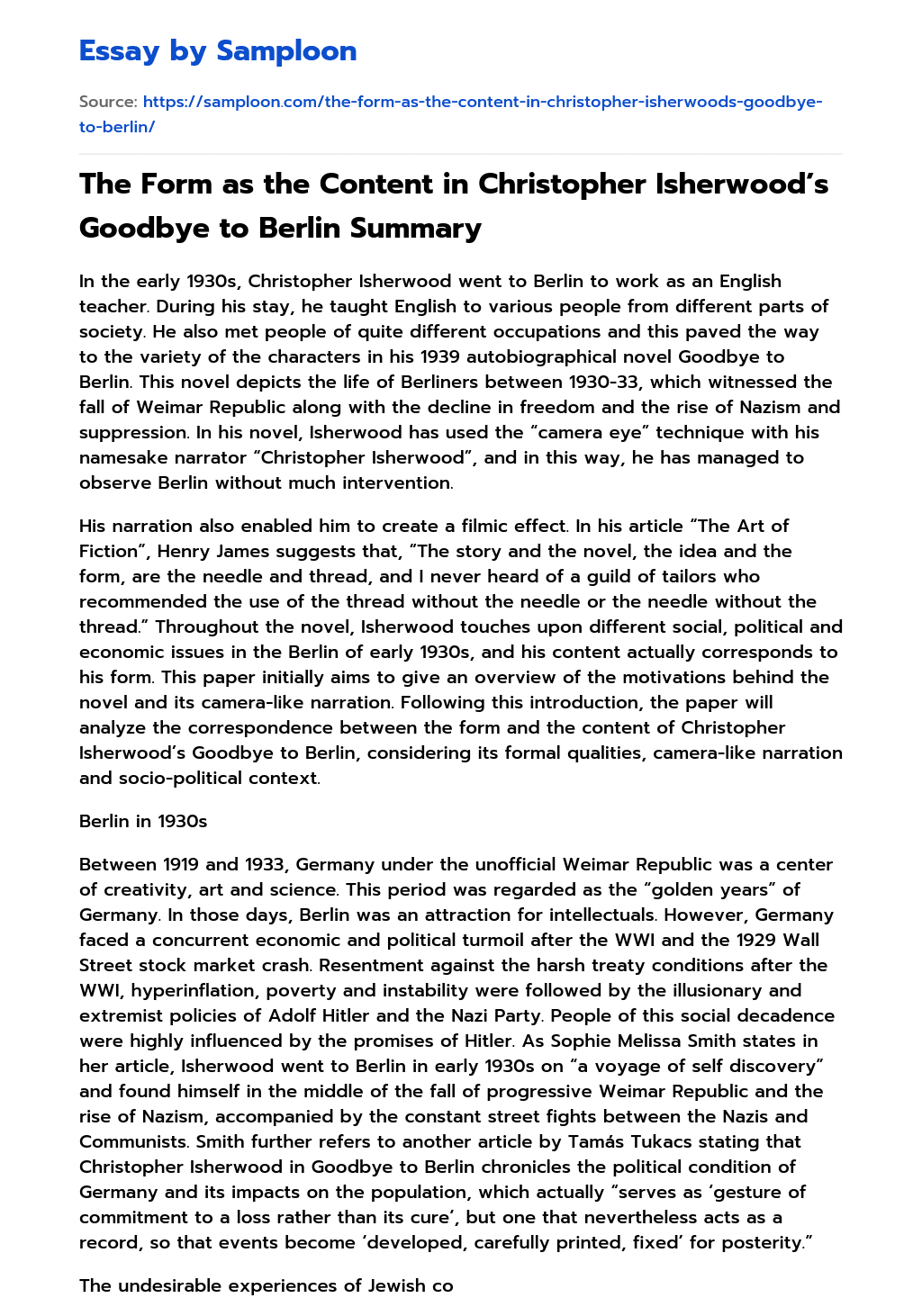The Form as the Content in Christopher Isherwood’s Goodbye to Berlin Summary essay