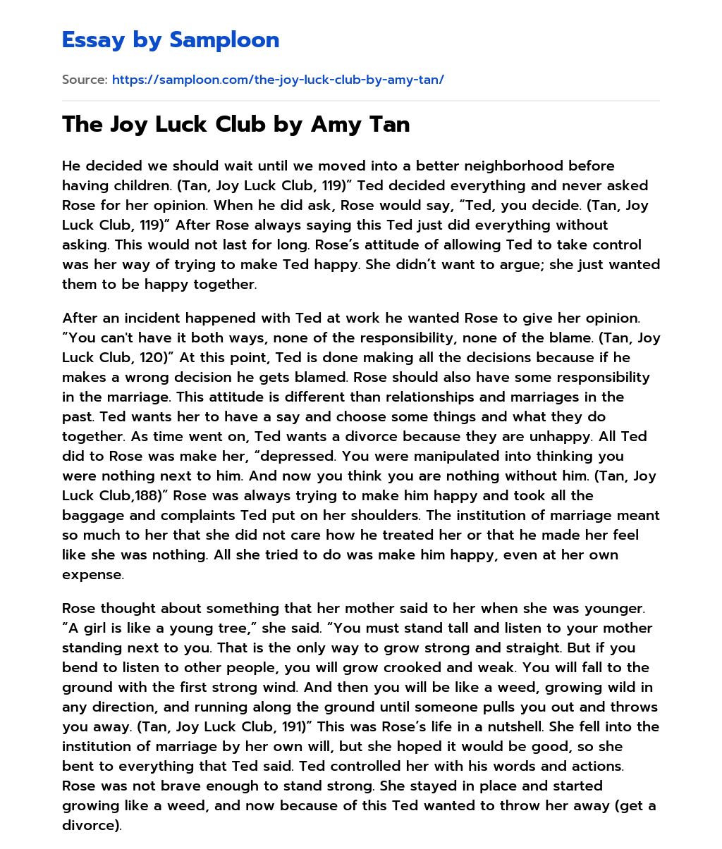 The Joy Luck Club by Amy Tan essay