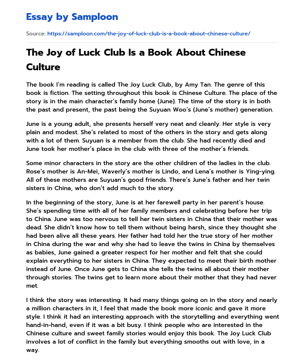 The Joy of Luck Club Is a Book About Chinese Culture essay