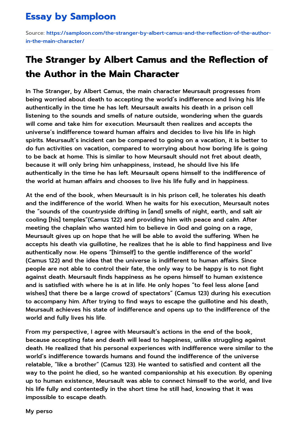 The Stranger by Albert Camus and the Reflection of the Author in the Main Character essay
