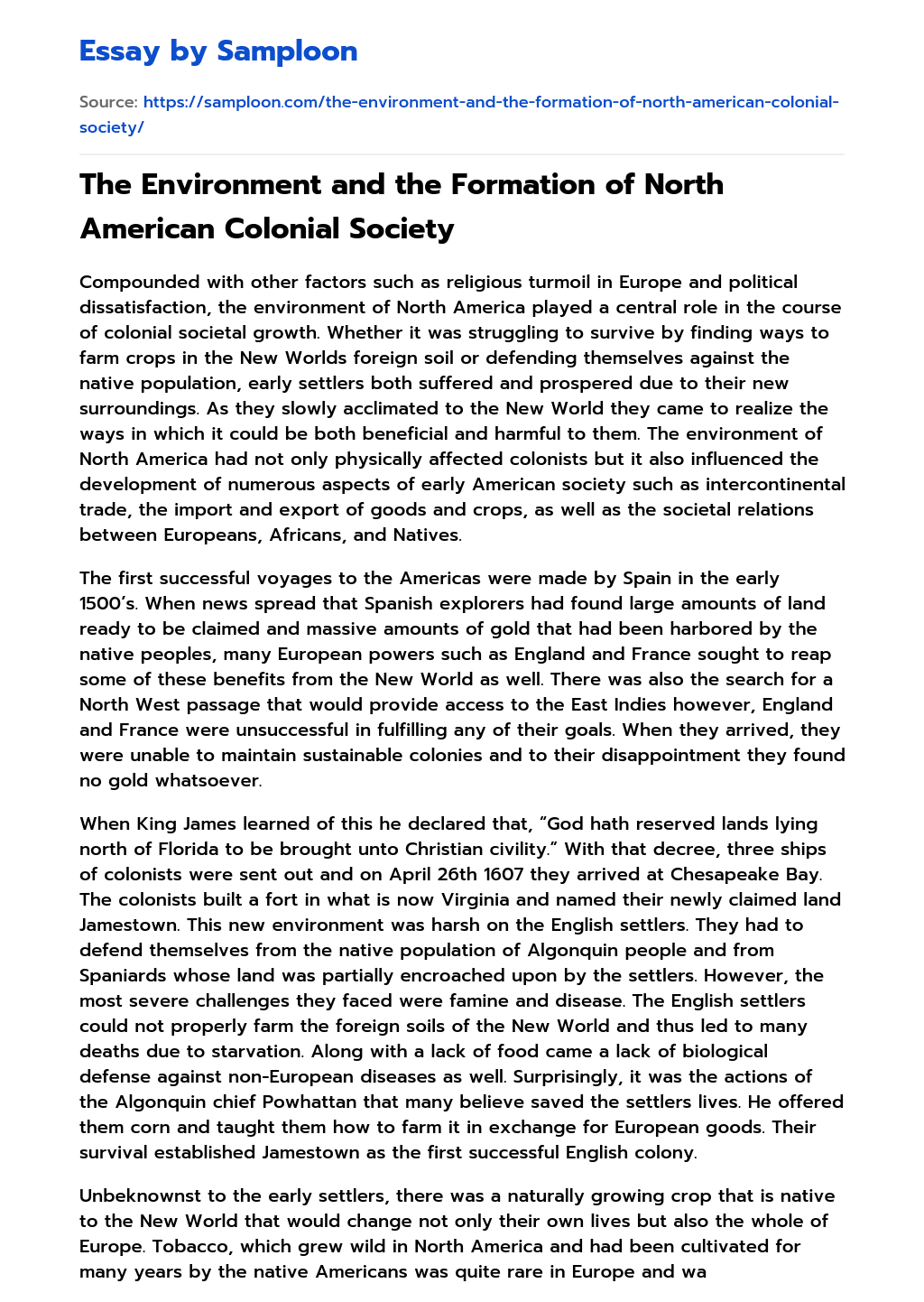 The Environment and the Formation of North American Colonial Society essay