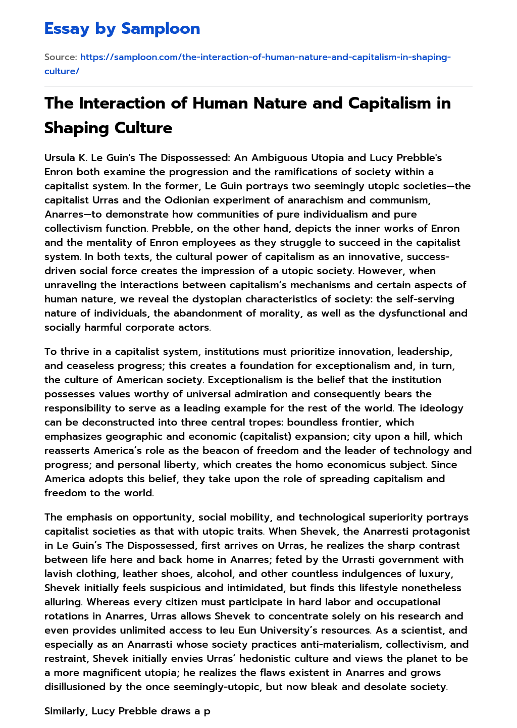 The Interaction of Human Nature and Capitalism in Shaping Culture essay