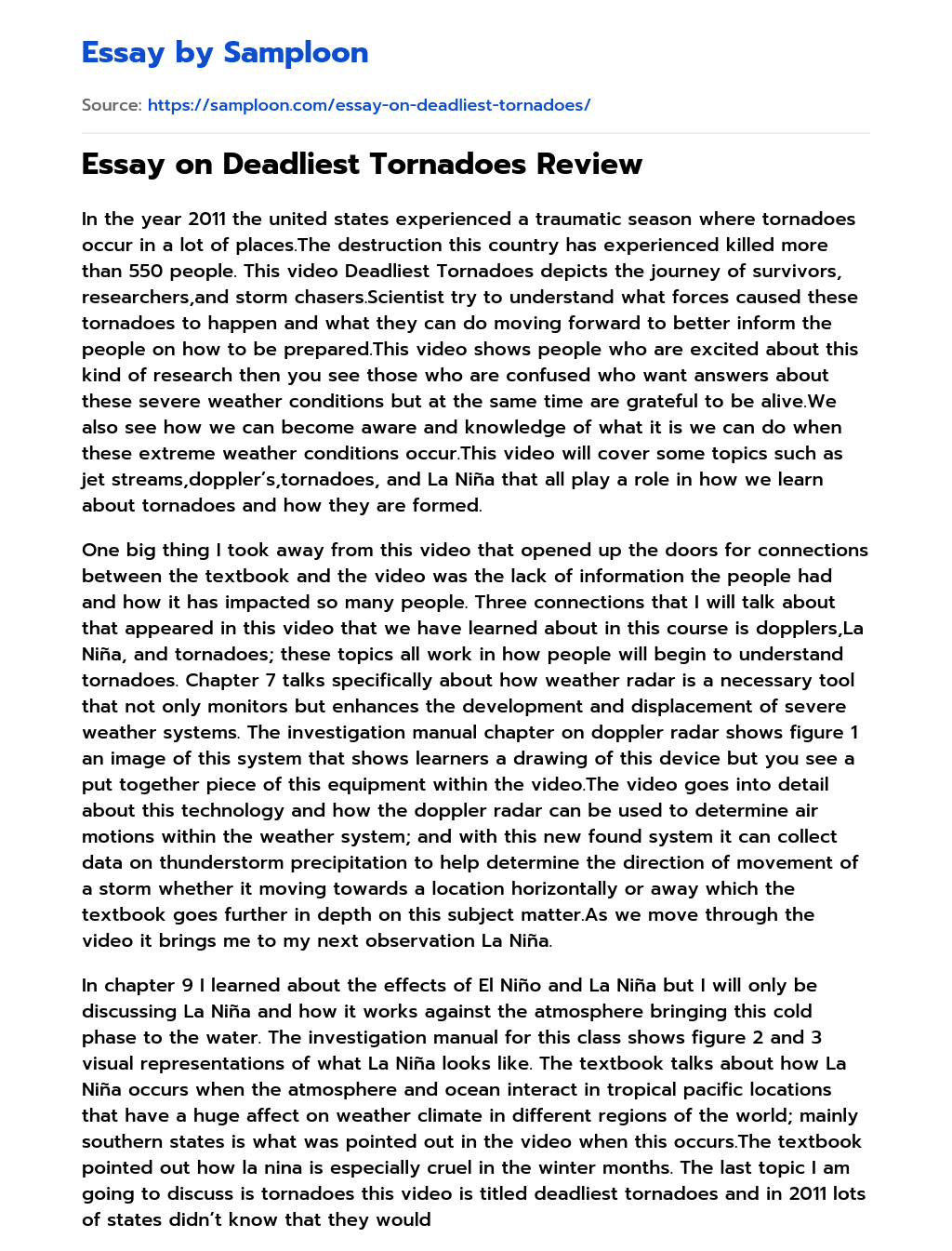 Essay on Deadliest Tornadoes Review essay