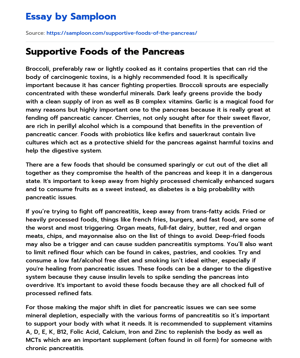 Supportive Foods of the Pancreas essay
