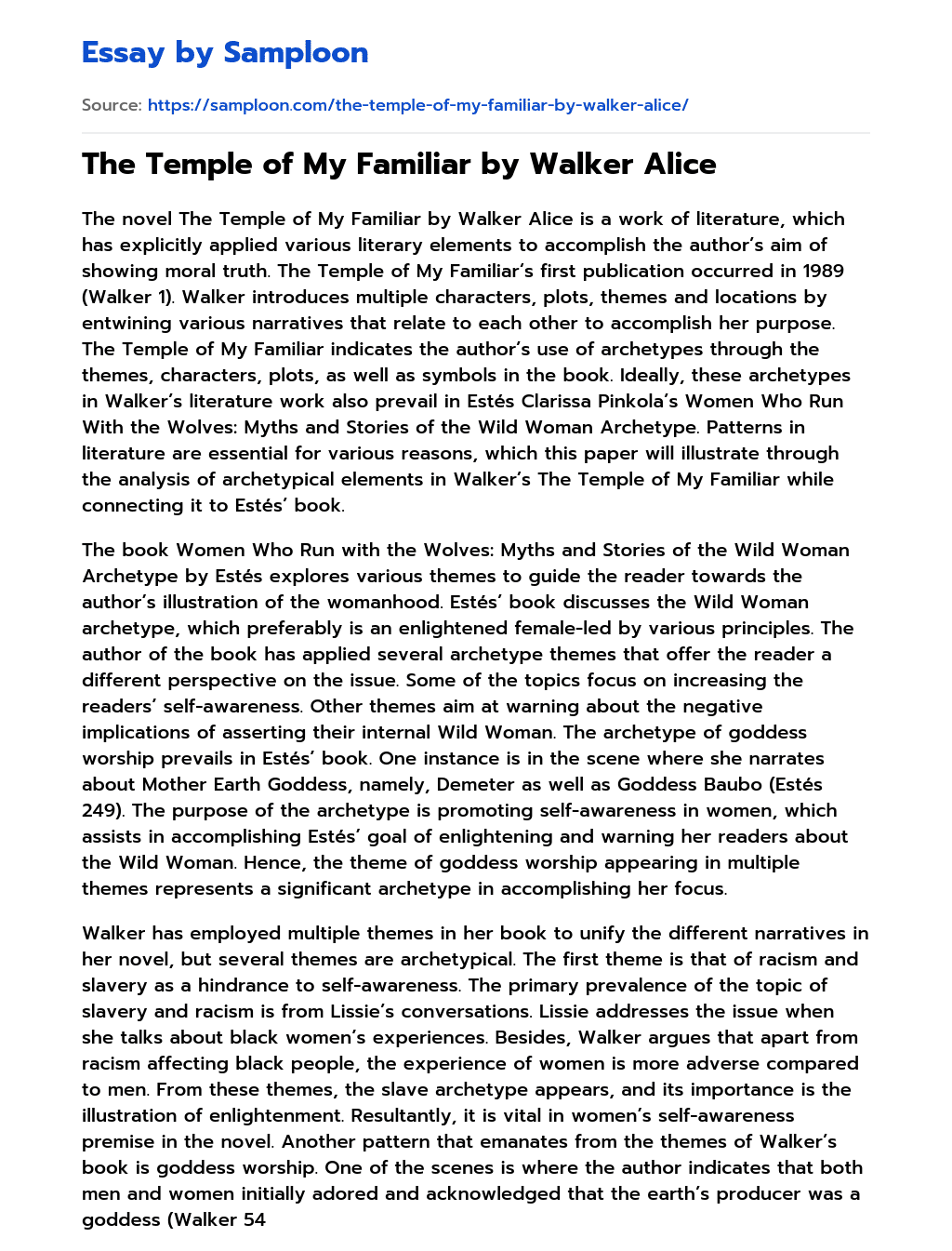 The Temple of My Familiar by Walker Alice essay