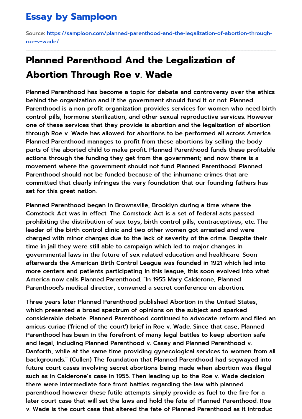 Planned Parenthood  And the Legalization of Abortion Through Roe v. Wade essay