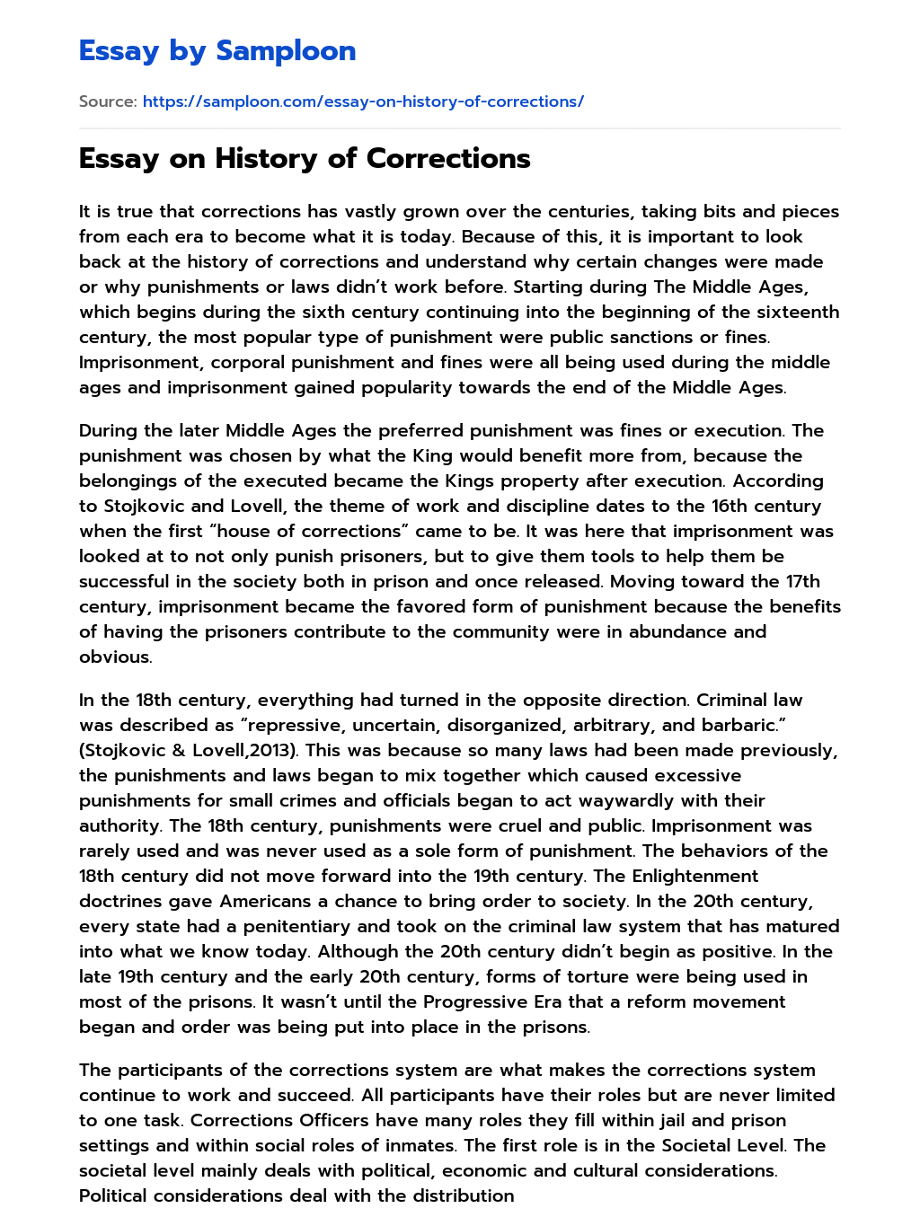 Essay on History of Corrections essay