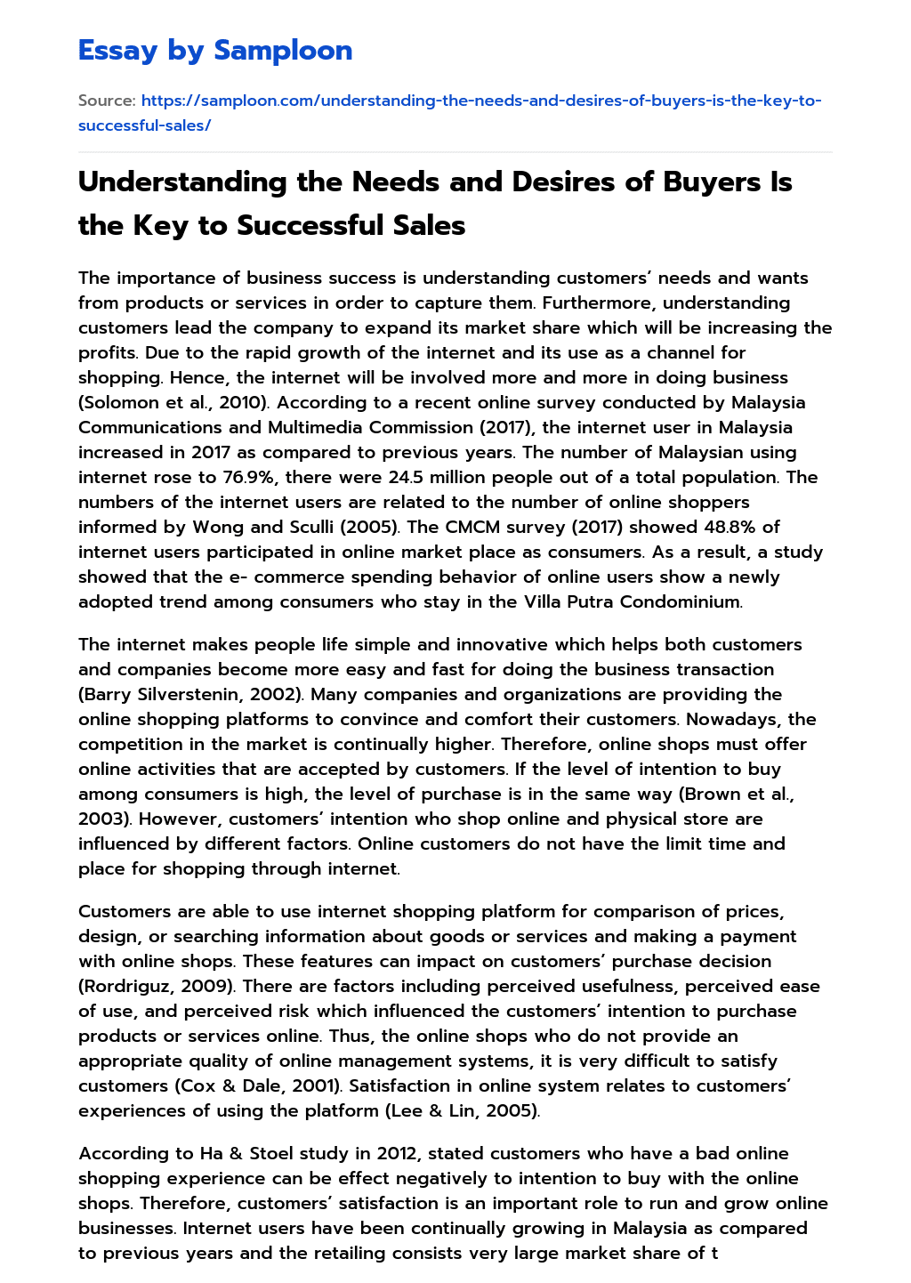 Understanding the Needs and Desires of Buyers Is the Key to Successful Sales essay
