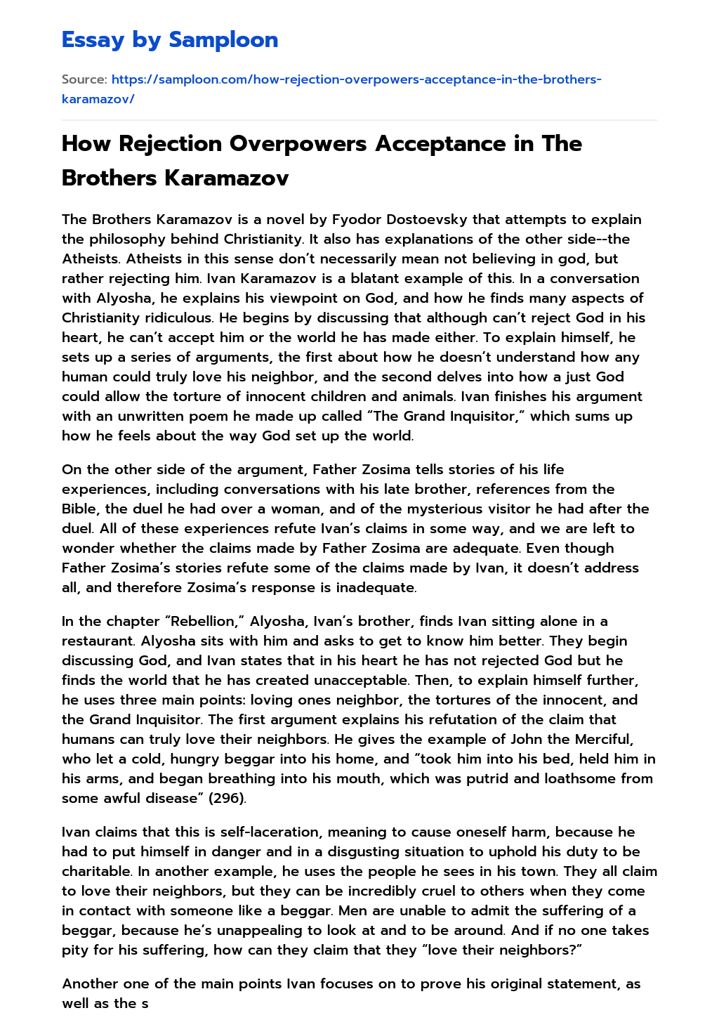 How Rejection Overpowers Acceptance in The Brothers Karamazov  essay