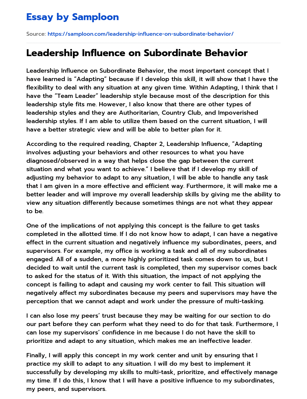 Leadership Influence on Subordinate Behavior essay
