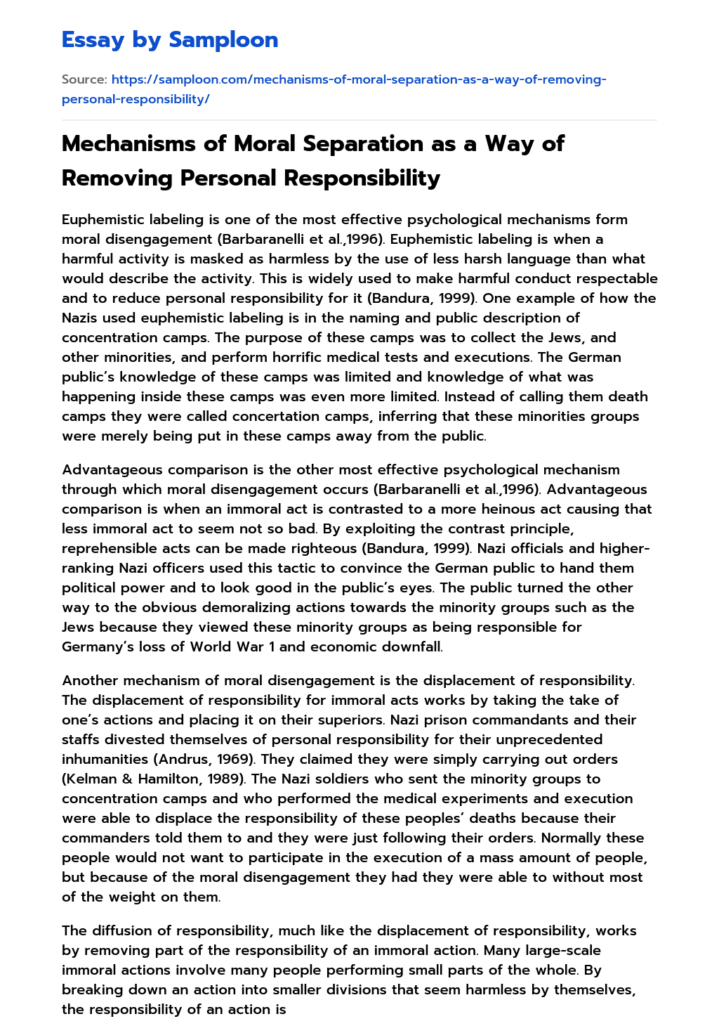 Mechanisms of Moral Separation as a Way of Removing Personal Responsibility essay