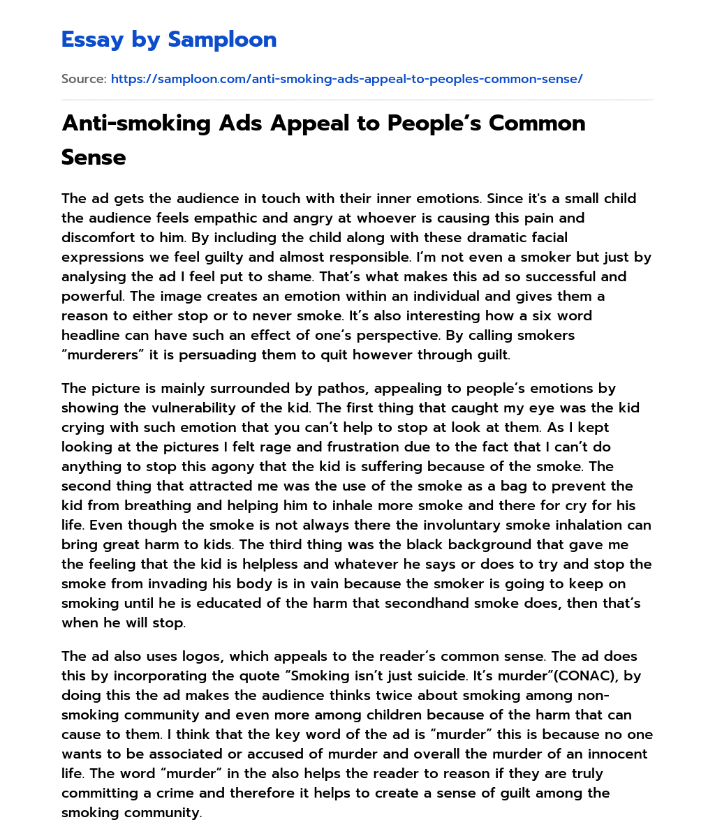 Anti-smoking Ads Appeal to People’s Common Sense essay