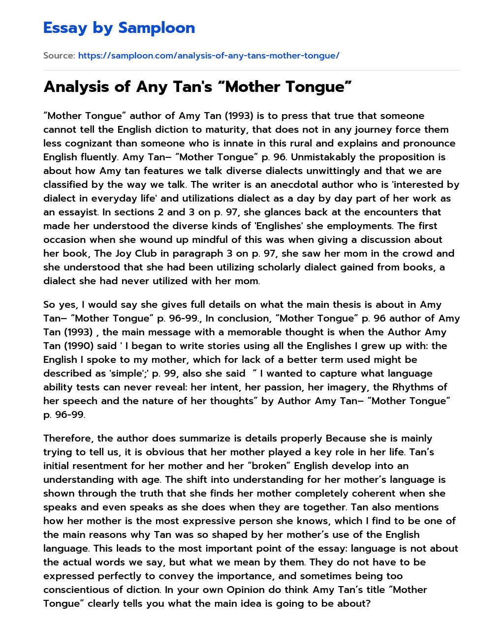 Analysis of Any Tan’s “Mother Tongue” essay