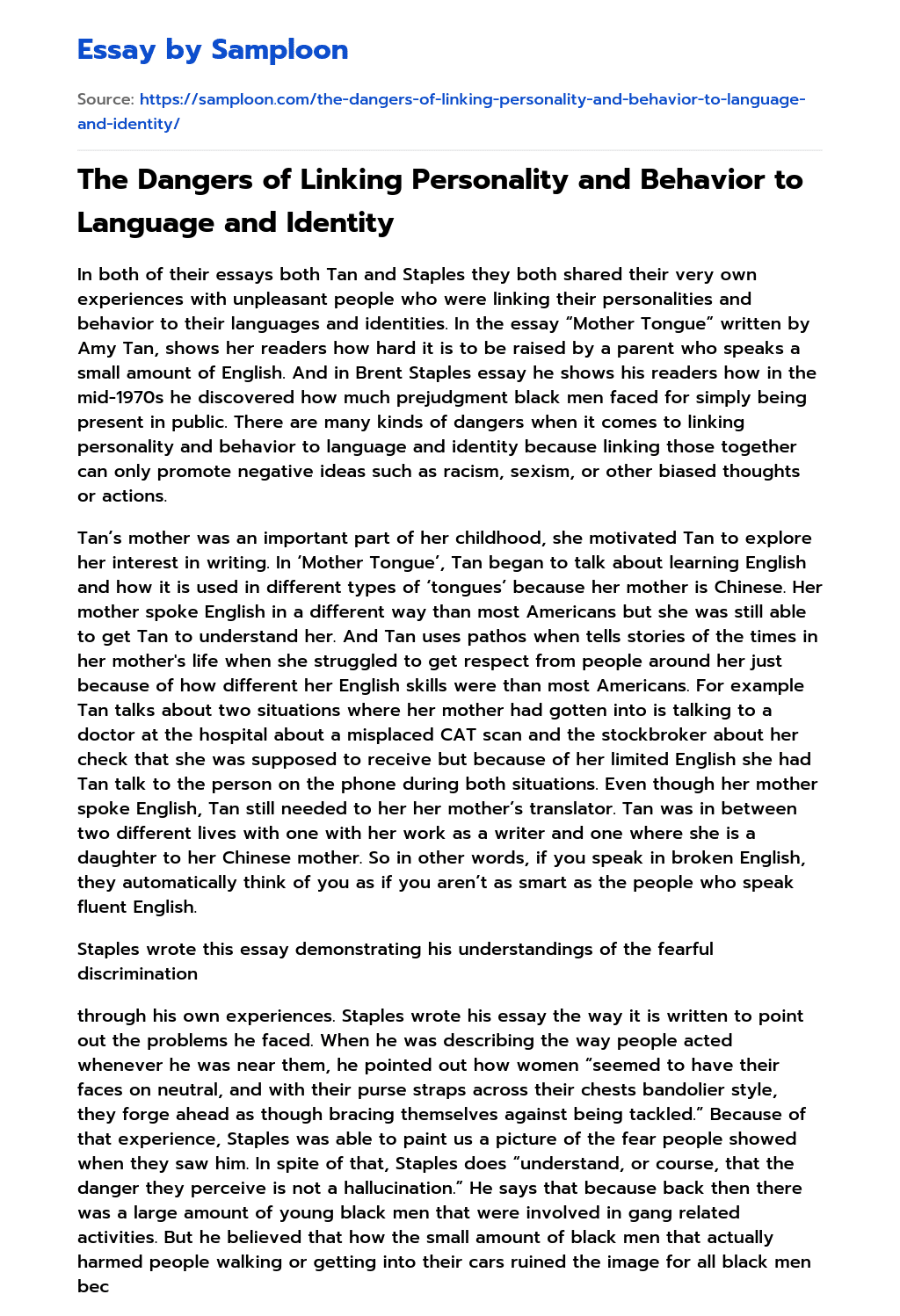 The Dangers of Linking Personality and Behavior to Language and Identity essay