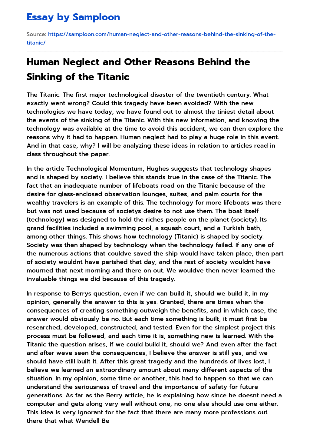 Human Neglect and Other Reasons Behind the Sinking of the Titanic essay